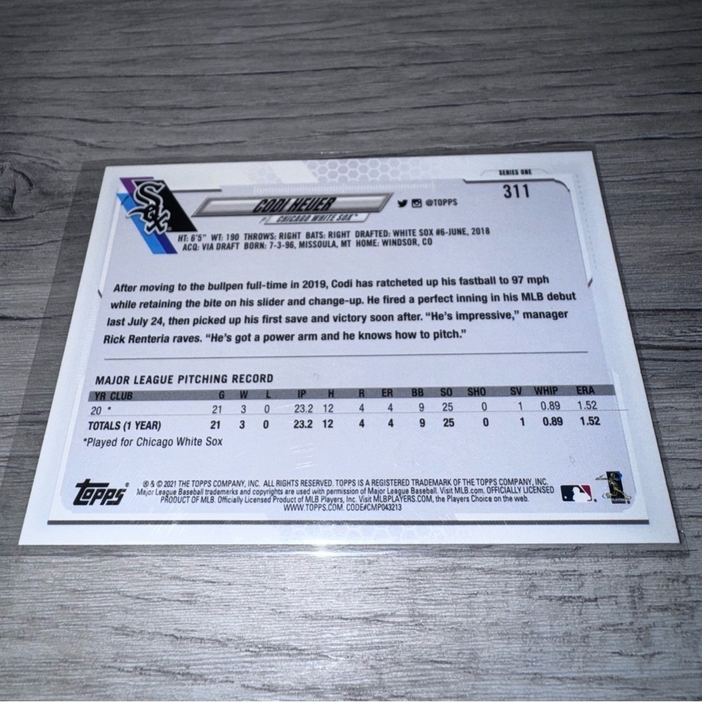 2021 Topps #311 Codi Heuer RC Employee Edition Extremely Rare Amazing Condition - Picture 4 of 4